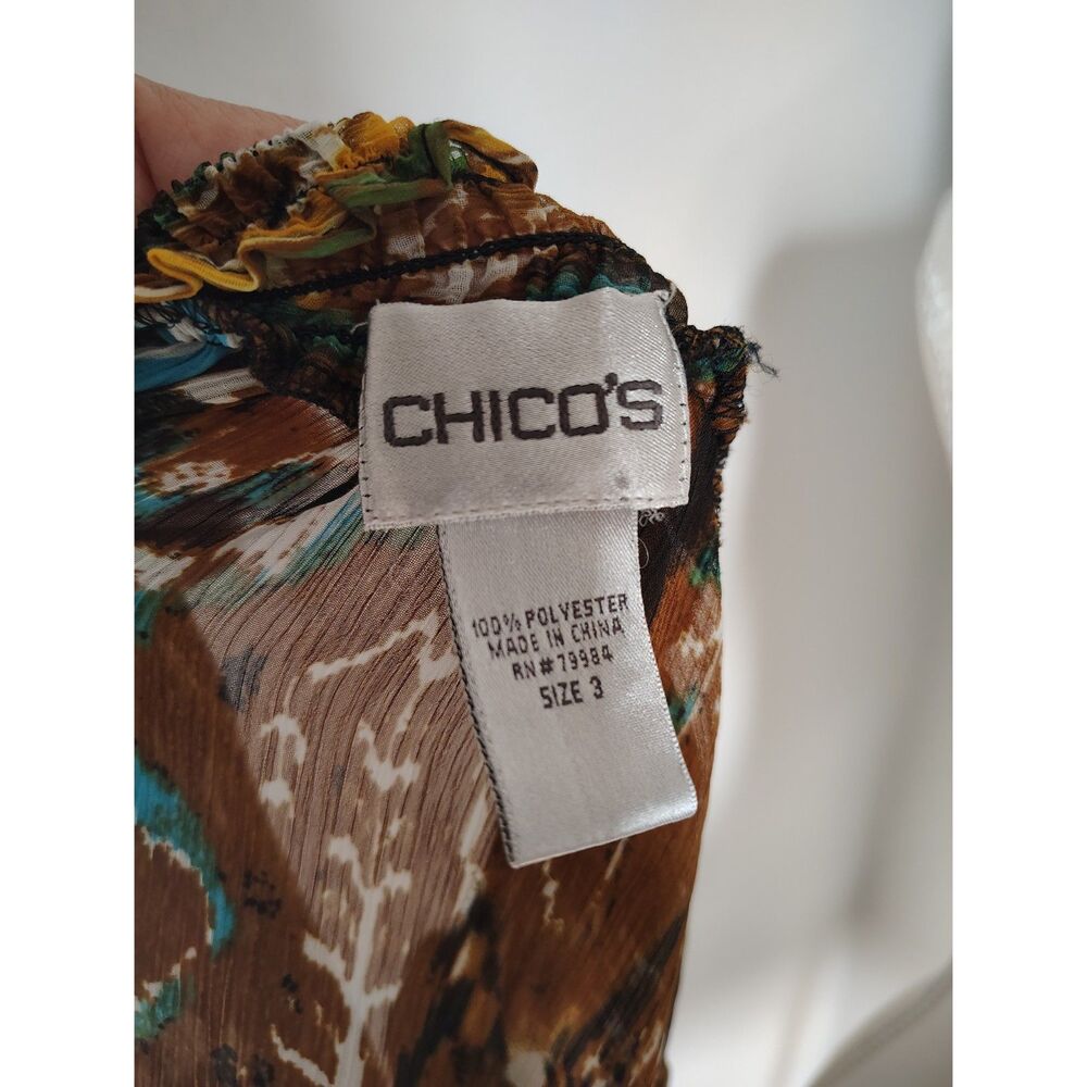 Chicos Abstract Chiffon Flowy Peasant Blouse Smocked V-Neck Size 3 - Picture 2 of 2
